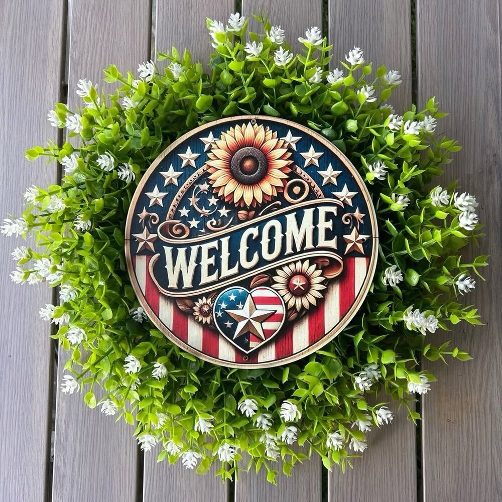 Patriotic “Welcome” Wreath White Floral Artificial for Outdoors or Indoors NEW